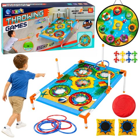 LEAN Toys Gra Zręcznościowa Rzut do Celu 4w1 Tarcza Plansza Woreczki Obręcze Frisbee