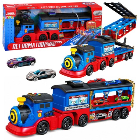 LEAN Toys Lokomotywa Transporter z Autkami Tor Wyrzutnia Rampa Światła Dźwięki