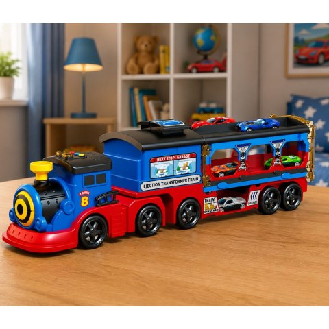 LEAN Toys Lokomotywa Transporter z Autkami Tor Wyrzutnia Rampa Światła Dźwięki