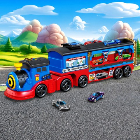 LEAN Toys Lokomotywa Transporter z Autkami Tor Wyrzutnia Rampa Światła Dźwięki
