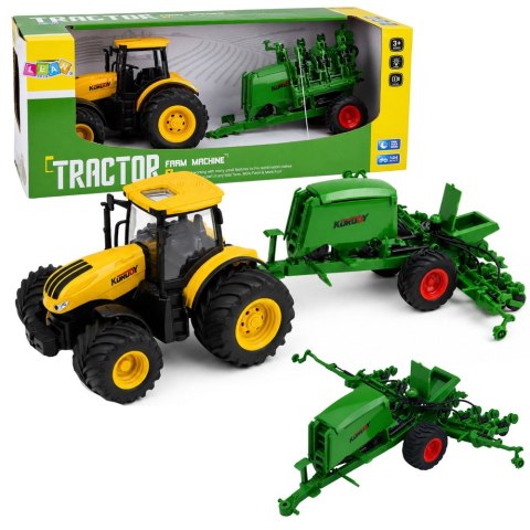 LEAN Toys Traktor Rolniczy z Siewnikiem i Agregatem Światła Dźwięki Żółty 1:24