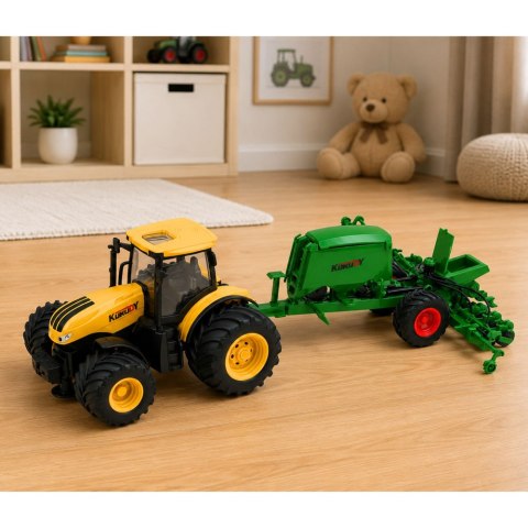 LEAN Toys Traktor Rolniczy z Siewnikiem i Agregatem Światła Dźwięki Żółty 1:24