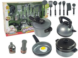 LEAN Toys Zestaw Akcesoriów Kuchennych Dla Dzieci Garnki Czajnik Sztućce Srebrne