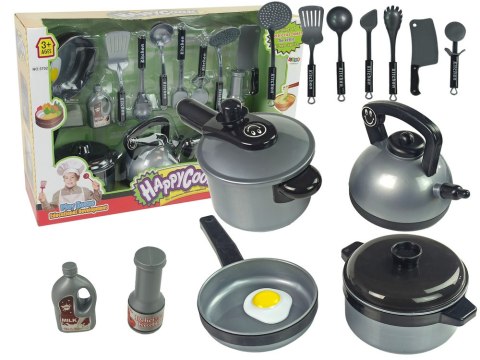 LEAN Toys Zestaw Akcesoriów Kuchennych Dla Dzieci Garnki Czajnik Sztućce Srebrne