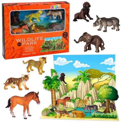 LEAN Toys Zestaw Figurek Dzikie Zwierzęta Leopard Tygrys Słoń Koń Park Plansza 3D