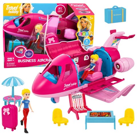 LEAN TOYS Rozkładany Samolot Dla Lalek Zestaw Podróżniczy Akcesoria Lalka Różowy 9 el.
