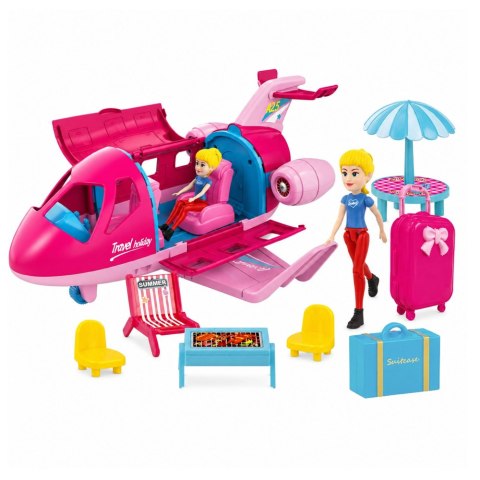 LEAN TOYS Rozkładany Samolot Dla Lalek Zestaw Podróżniczy Akcesoria Lalka Różowy 9 el.