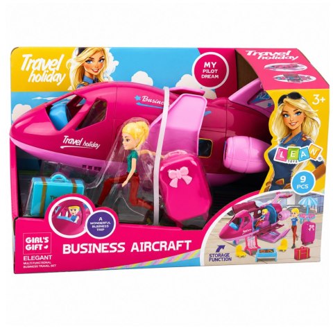 LEAN TOYS Rozkładany Samolot Dla Lalek Zestaw Podróżniczy Akcesoria Lalka Różowy 9 el.