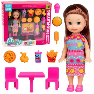 LEAN TOYS Zestaw Mini Laleczka Fast Food Pizza Hamburger Stolik Krzesła Akcesoria
