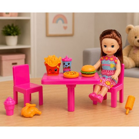 LEAN TOYS Zestaw Mini Laleczka Fast Food Pizza Hamburger Stolik Krzesła Akcesoria