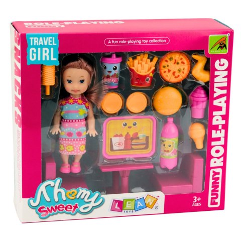 LEAN TOYS Zestaw Mini Laleczka Fast Food Pizza Hamburger Stolik Krzesła Akcesoria