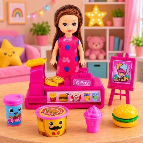 LEAN TOYS Zestaw Mini Laleczka Z Kasą Fiskalną Sprzedawczyni Akcesoria Hamburger Lody