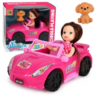 LEAN TOYS Zestaw Mini Laleczka w Samochodzie Kabriolet Figurka Pieska Różowy