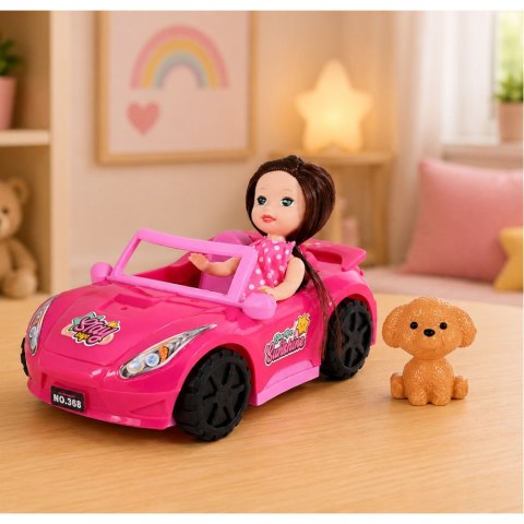 LEAN TOYS Zestaw Mini Laleczka w Samochodzie Kabriolet Figurka Pieska Różowy