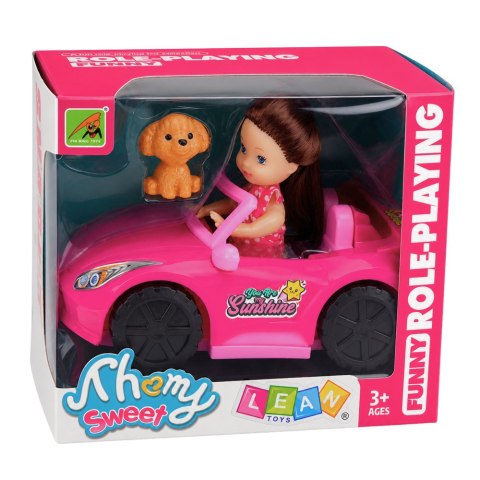LEAN TOYS Zestaw Mini Laleczka w Samochodzie Kabriolet Figurka Pieska Różowy