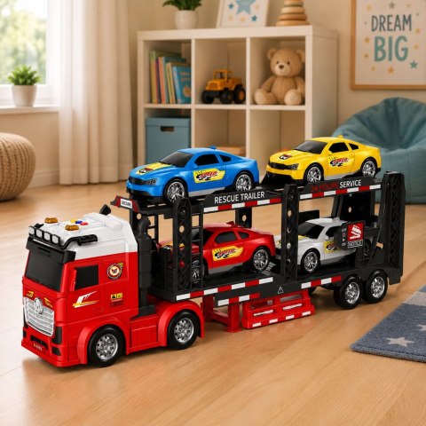 LEAN Toys Ciężarówka Lora Transporter Laweta z 4 Samochodami Światła Dźwięki
