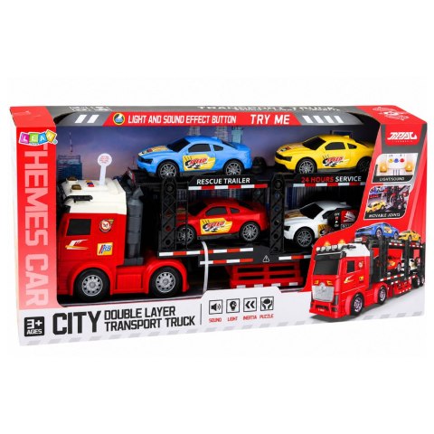 LEAN Toys Ciężarówka Lora Transporter Laweta z 4 Samochodami Światła Dźwięki