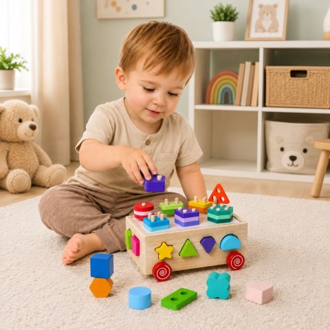 LEAN Toys Drewniany Sorter Edukacyjny Na Kółkach Montessori Układanka Kształty Liczby