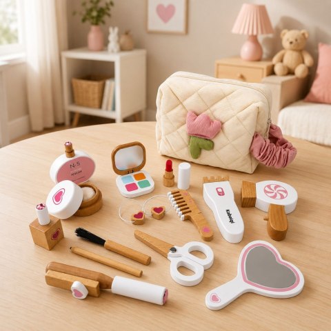 LEAN Toys Drewniany Zestaw Piękności Do Makijażu Kosmetyczka Akcesoria 16 el.
