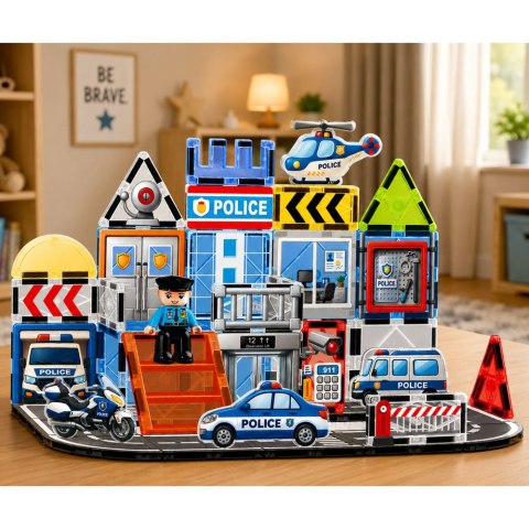 LEAN Toys Klocki Magnetyczne Konstrukcyjne Baza Policyjna Pojazdy Policjant 44 el.