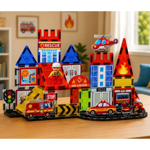 LEAN Toys Klocki Magnetyczne Konstrukcyjne Baza Strażacka Straż Pożarna 42 el.
