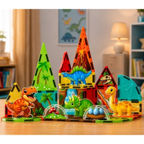 LEAN Toys Klocki Magnetyczne Konstrukcyjne Dinozaury Wulkan Kolorowe 31 el.