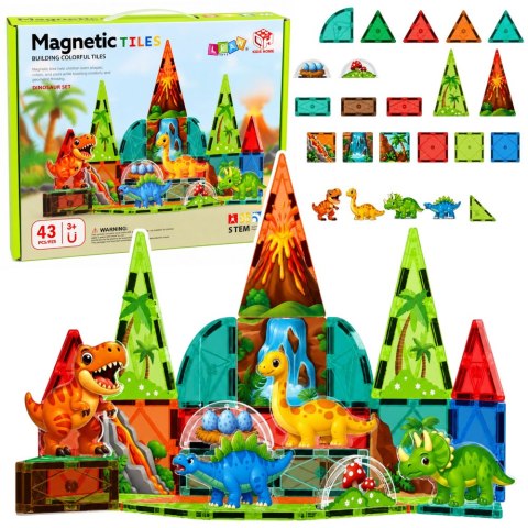 LEAN Toys Klocki Magnetyczne Konstrukcyjne Dinozaury Wulkan Kolorowe 43 el.