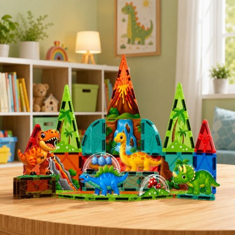 LEAN Toys Klocki Magnetyczne Konstrukcyjne Dinozaury Wulkan Kolorowe 43 el.