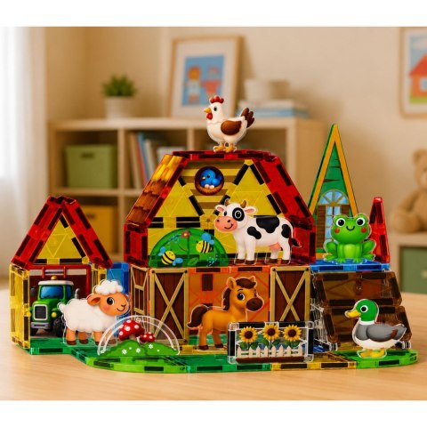 LEAN Toys Klocki Magnetyczne Konstrukcyjne Zwierzęta Domowe Gospodarskie Farma 54 el.