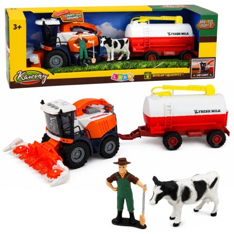LEAN Toys Kombajn z Cysterną Na Mleko Figurki Krowa Rolnik Światła Dźwięki 4 el.