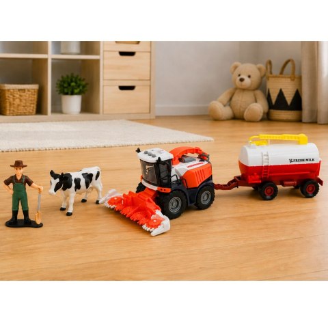 LEAN Toys Kombajn z Cysterną Na Mleko Figurki Krowa Rolnik Światła Dźwięki 4 el.