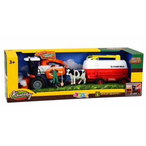 LEAN Toys Kombajn z Cysterną Na Mleko Figurki Krowa Rolnik Światła Dźwięki 4 el.