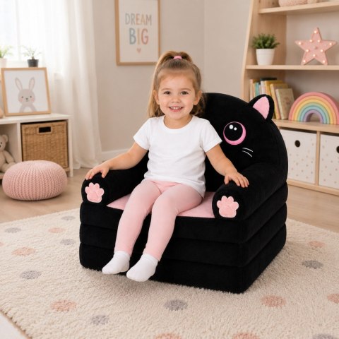 LEAN Toys Rozkładany Fotel Sofa Leżanka Kotek 2W1 Dla Dzieci Miękki Pluszowy Czarny