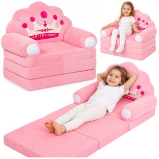LEAN Toys Rozkładany Fotel Sofa Leżanka z Koroną 2W1 Dla Dzieci Miękki Różowy