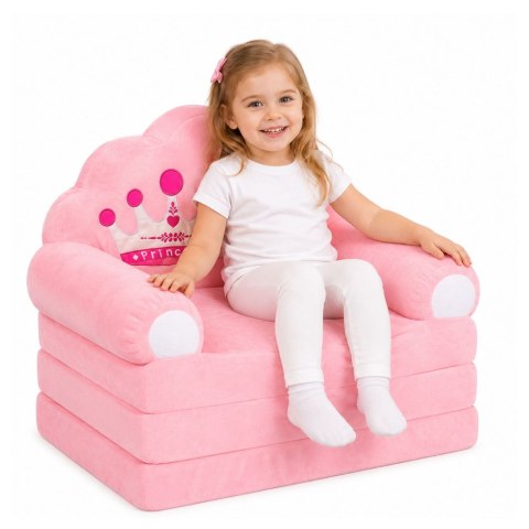 LEAN Toys Rozkładany Fotel Sofa Leżanka z Koroną 2W1 Dla Dzieci Miękki Różowy