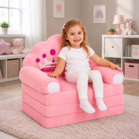 LEAN Toys Rozkładany Fotel Sofa Leżanka z Koroną 2W1 Dla Dzieci Miękki Różowy