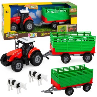 LEAN Toys Traktor z Przyczepą Do Transportu Zwierząt Figurki Krów Światła Dźwięki 4 el.