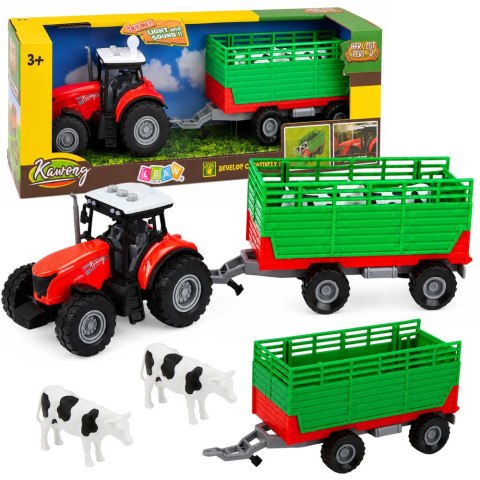 LEAN Toys Traktor z Przyczepą Do Transportu Zwierząt Figurki Krów Światła Dźwięki 4 el.