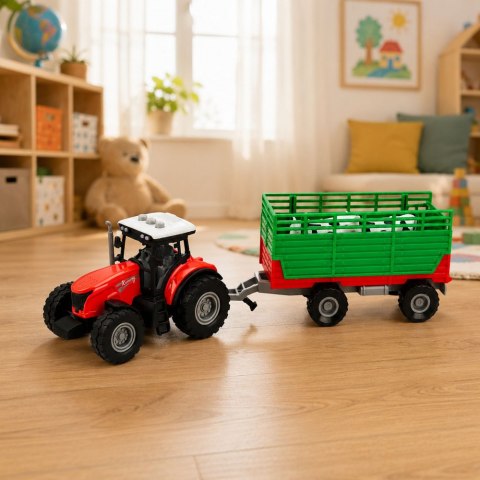 LEAN Toys Traktor z Przyczepą Do Transportu Zwierząt Figurki Krów Światła Dźwięki 4 el.