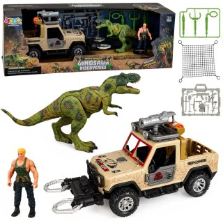 LEAN Toys Zestaw Łowcy Dinozaurów Figurka Dinozaur T-Rex Myśliwy Samochód Dźwięki