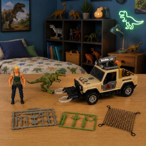 LEAN Toys Zestaw Łowcy Dinozaurów Figurka Dinozaur T-Rex Myśliwy Samochód Dźwięki
