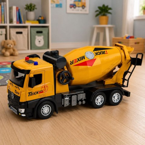 LEAN Toys Ciężarówka Budowlana Betoniarka Metalowa Kabina Światła Dźwięki Napęd 1:12