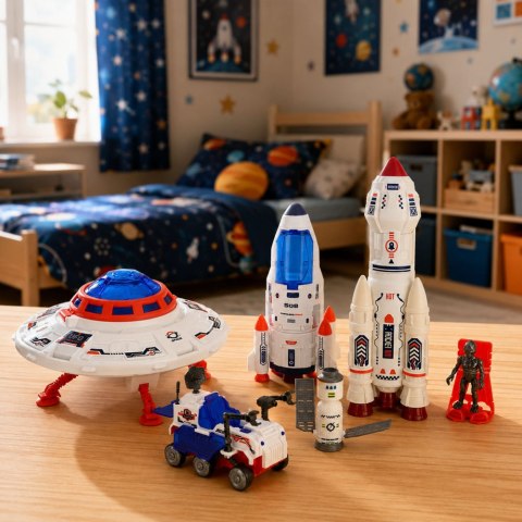 LEAN Toys Duży Zestaw Kosmiczny Ufo Rakiety Łazik Pojazdy Statek Kosmita Space 8 el.