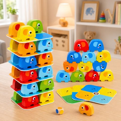 LEAN Toys Gra Zręcznościowa Wieża Ze Słoni Balansujące Słoniki Kolorowe Karty 46 el.