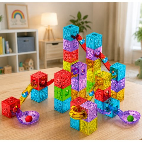 LEAN Toys Klocki Magnetyczne Konstrukcyjne Sześciany Tor Kulkowy Kolorowe 60 el.
