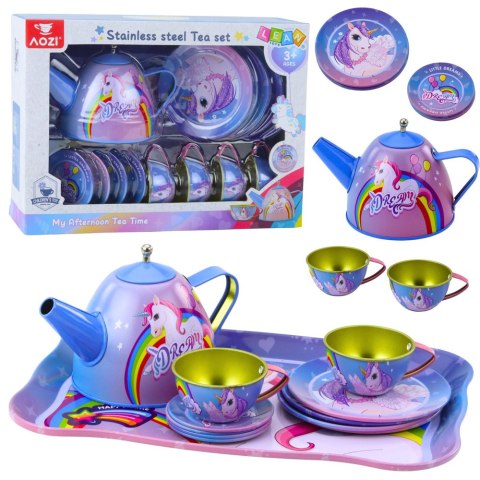 LEAN Toys Zestaw Do Herbaty Metalowy Dla Dzieci Filiżanki Czajnik Tacka Jednorożec