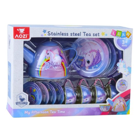 LEAN Toys Zestaw Do Herbaty Metalowy Dla Dzieci Filiżanki Czajnik Tacka Jednorożec
