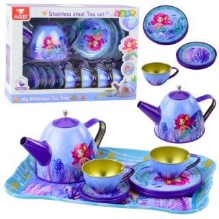 LEAN Toys Zestaw Do Herbaty Metalowy Dla Dzieci Filiżanki Czajnik Tacka Syrenka