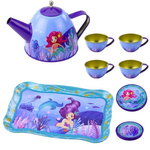 LEAN Toys Zestaw Do Herbaty Metalowy Dla Dzieci Filiżanki Czajnik Tacka Syrenka