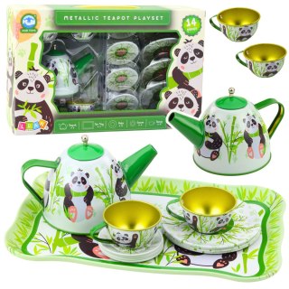 LEAN Toys Zestaw Do Herbaty Metalowy Dzbanek Filiżanka Talerzyki Panda Zielony 14el